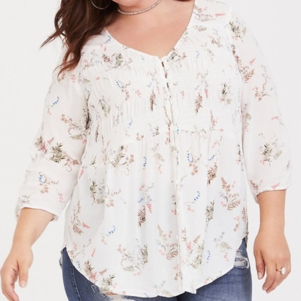 Torrid | White Floral Three Quarter Sleeve Popover